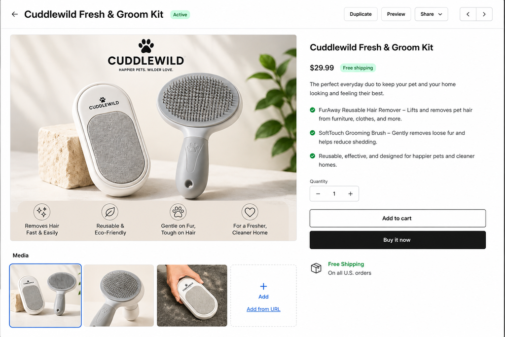 Cuddlewild Fresh & Groom Kit with reusable hair remover and SoftTouch grooming brush